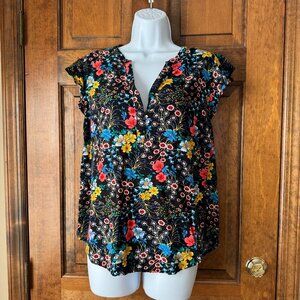 Kiwi Fresh Black w/Colorful Flowers V-Neck Pullover w/Cap Flutter Sleeves Large